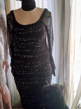 Black Sequin Mesh Sleeve Evening Dress